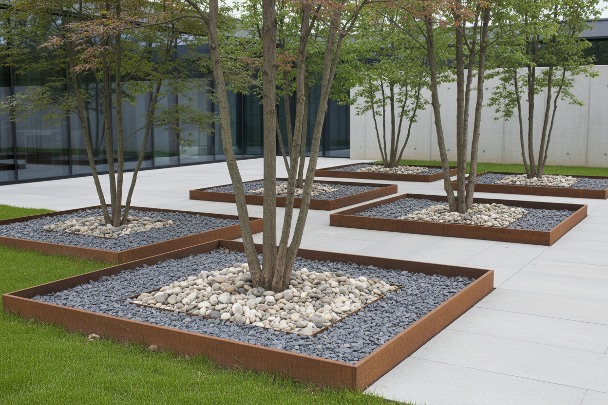 unos arboles rodeados de unos parterres de chapa de acero corten de 4 cm. de altura, en la base grava decorativa