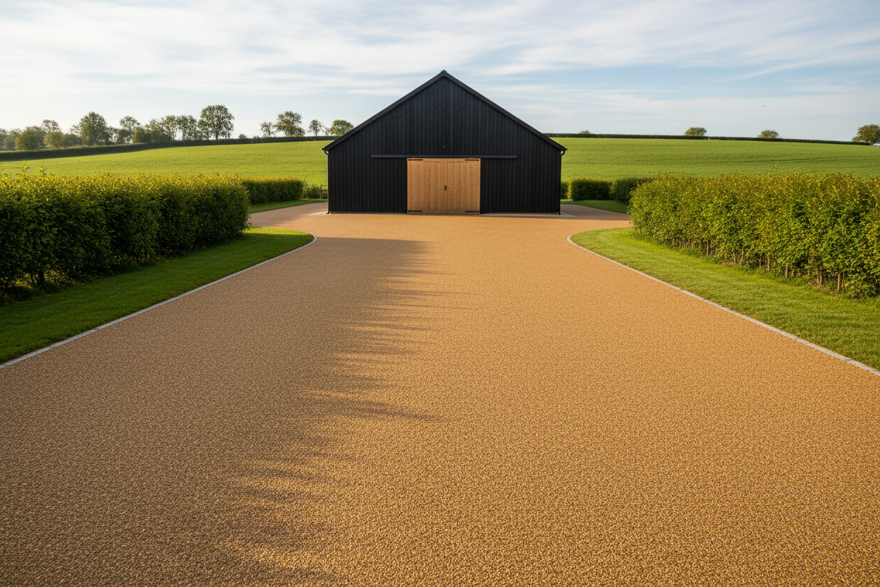 Beautiful resin driveway in front of a large barn with black cladding, surrounded by hedges and grass, in the UK countryside. The driveway is made from a rubber or gravel material