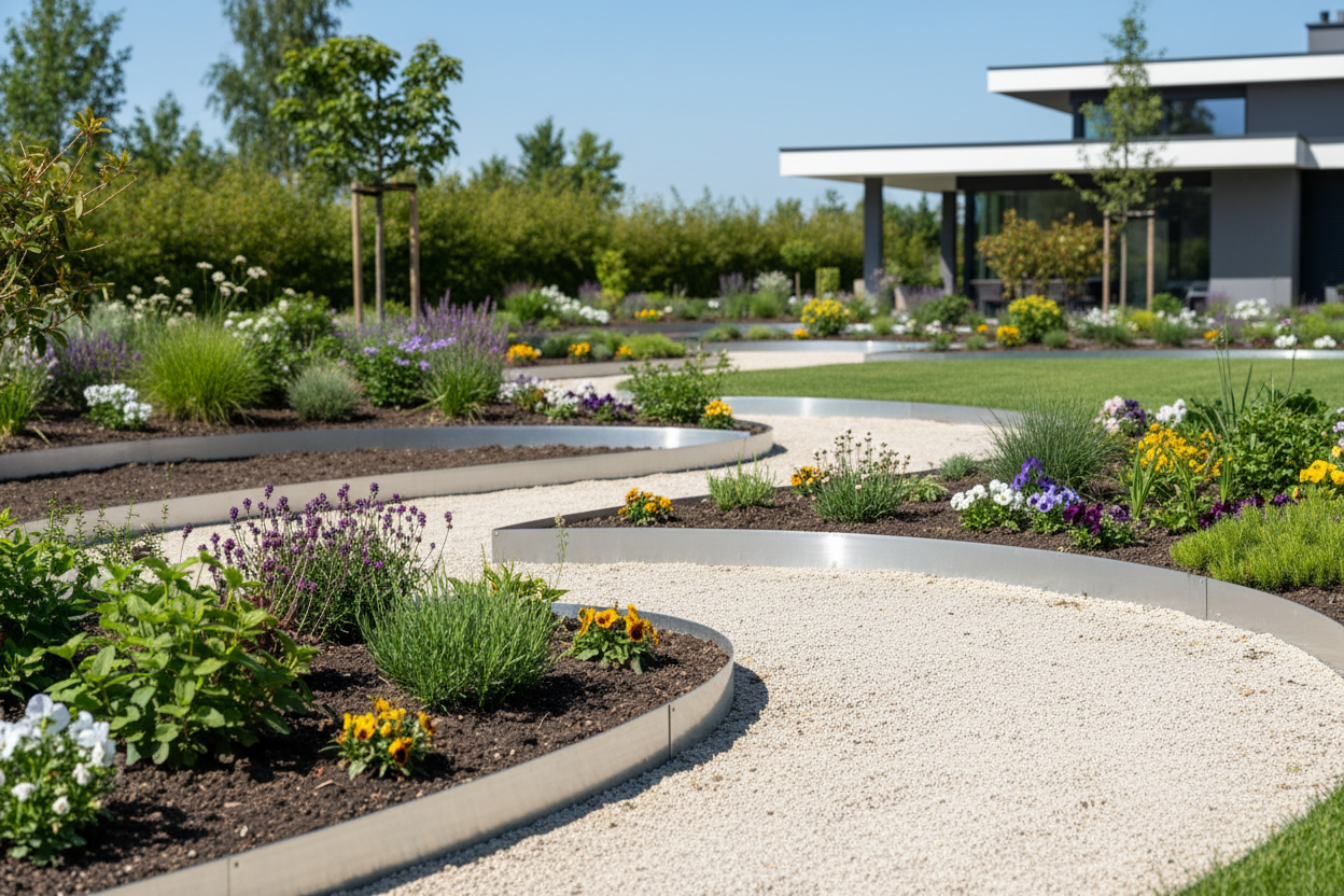 unos parterres curvos hechos con chapa de acero galvanizado de 4 cm. de alto