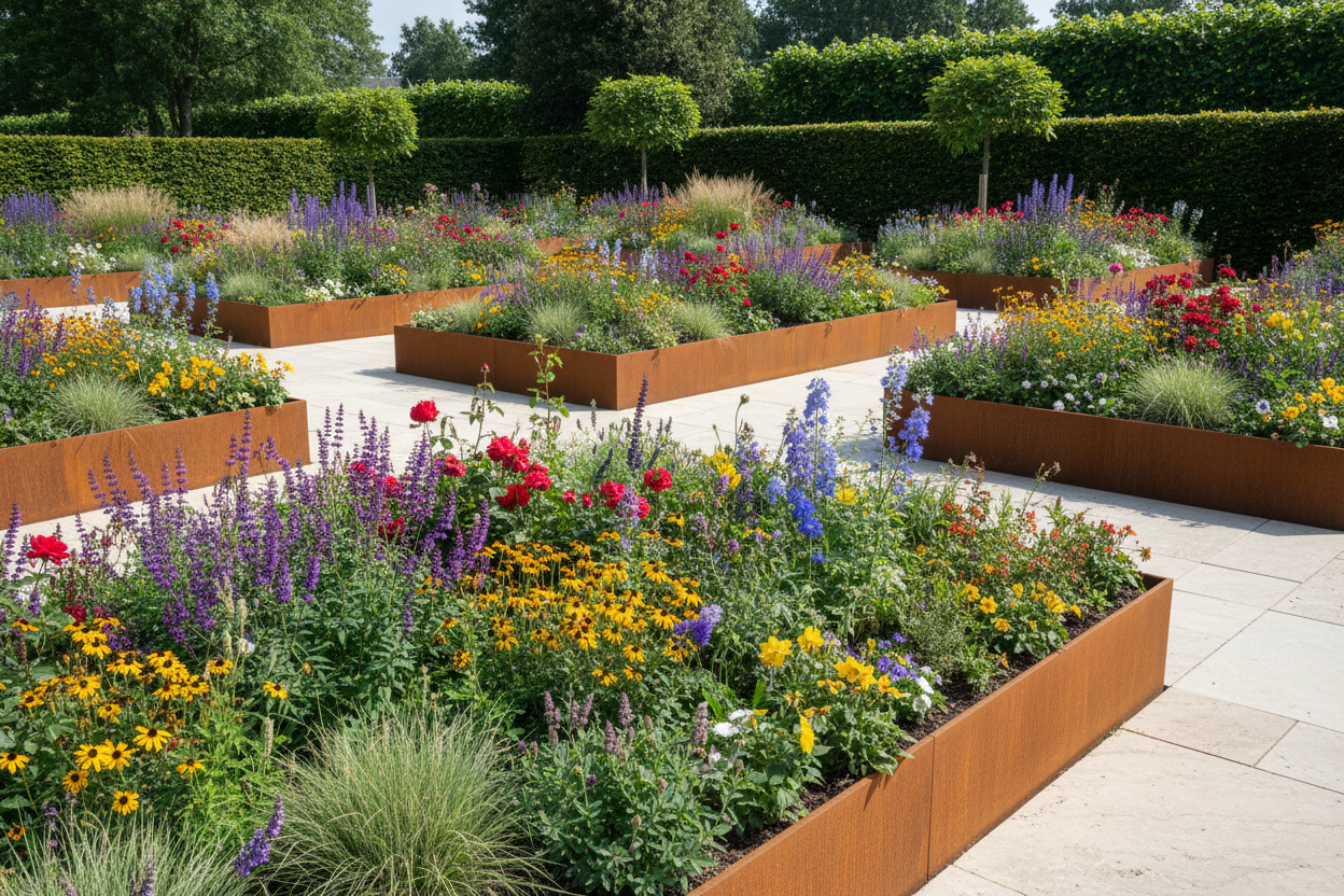 unos parterres hechos con chapa de acero corten de 10 cm. de alto en unos jardines especta ulares